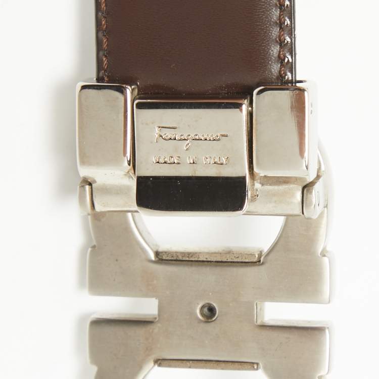 Pre Owned Salvatore Ferragamo Black/Brown Leather Gancini Buckle Reversible Cut to Size Belt