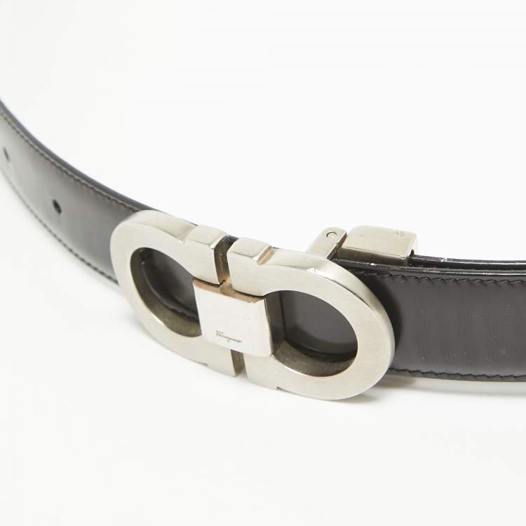 Pre Owned Salvatore Ferragamo Black/Brown Leather Gancini Buckle Reversible Cut to Size Belt