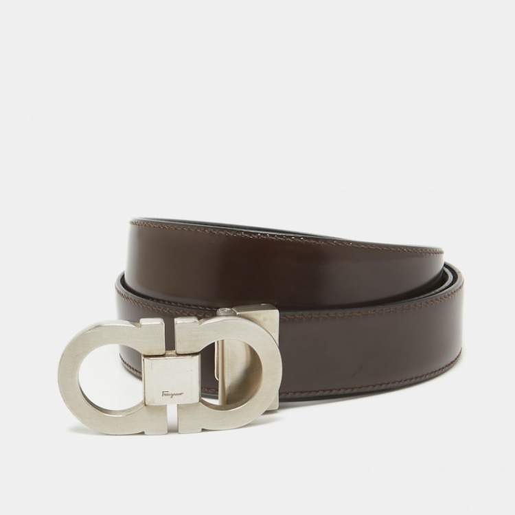 Pre Owned Salvatore Ferragamo Black/Brown Leather Gancini Buckle Reversible Cut to Size Belt