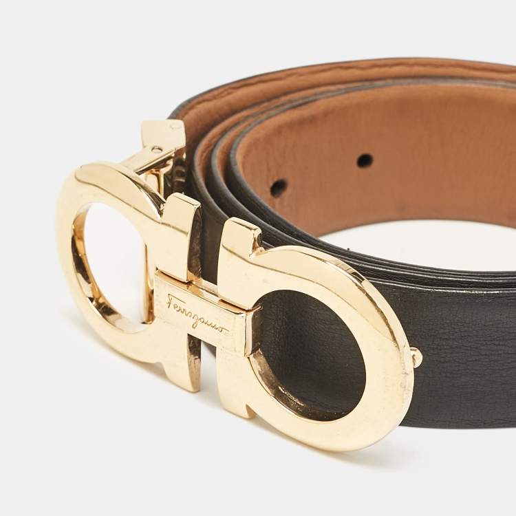 Pre Owned Salvatore Ferragamo Black/Brown Leather Double Gancio Cut to Size Reversible Belt