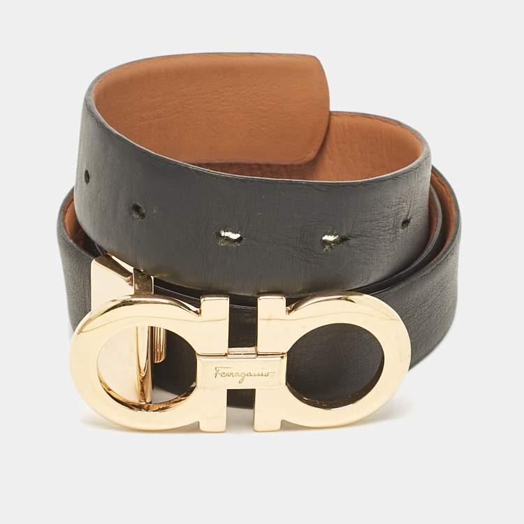 Pre Owned Salvatore Ferragamo Black/Brown Leather Double Gancio Cut to Size Reversible Belt