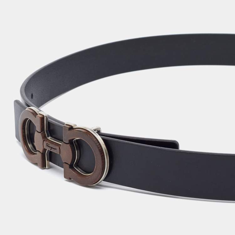 Pre Owned Salvatore Ferragamo Black Leather Gancini Buckle Belt 85CM