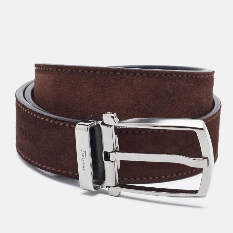 Pre Owned Salvatore Ferragamo Brown/Black Suede and Leather Cut to Size Reversible Belt