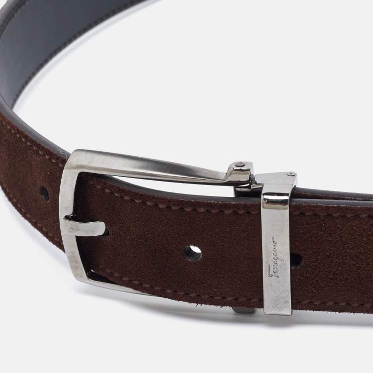 Pre Owned Salvatore Ferragamo Brown/Black Suede and Leather Cut to Size Reversible Belt