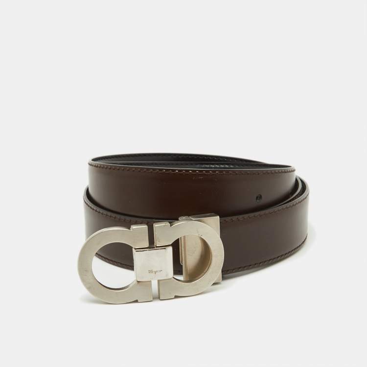 Pre Owned Salvatore Ferragamo Black/Dark Brown Leather Cut to Size Gancini Buckle Belt