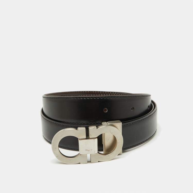 Pre Owned Salvatore Ferragamo Black/Dark Brown Leather Cut to Size Gancini Buckle Belt