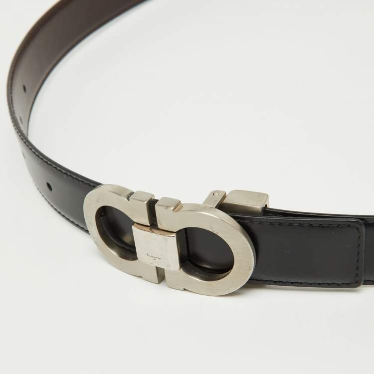 Pre Owned Salvatore Ferragamo Black/Dark Brown Leather Cut to Size Gancini Buckle Belt