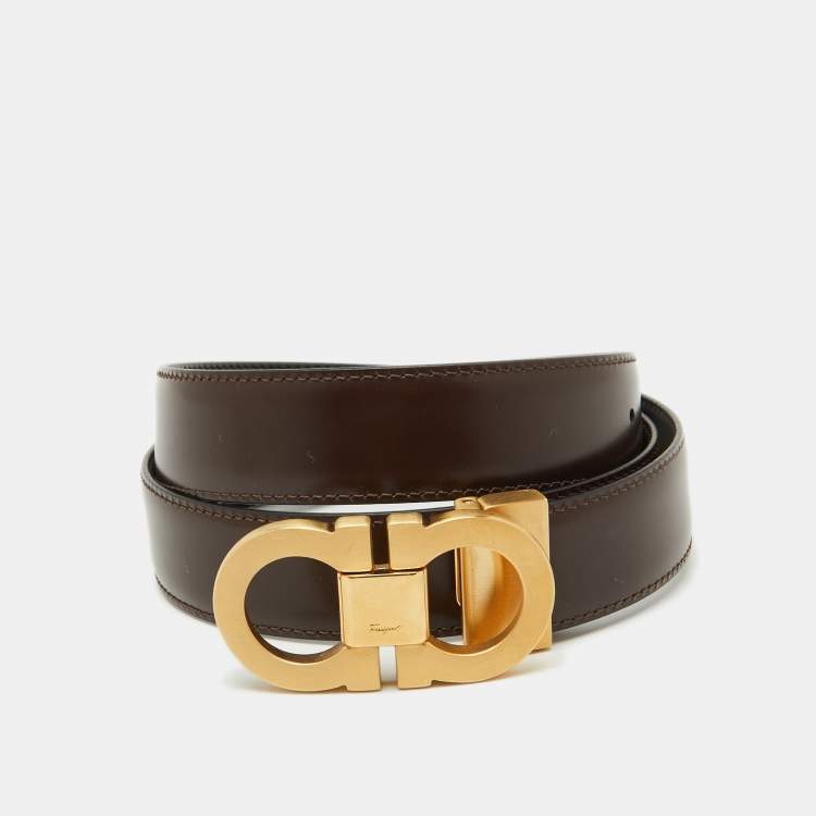 Pre Owned Salvatore Ferragamo Brown/Black Leather Cut to Size Reversible Gancini Buckle Belt