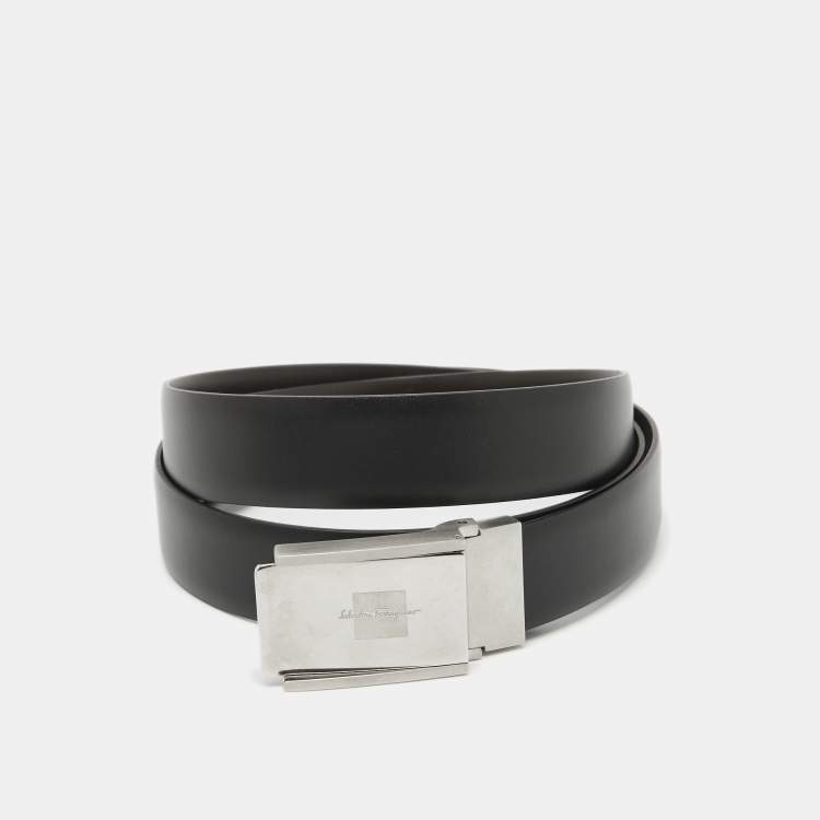 Pre Owned Salvatore Ferragamo Black/Dark Brown Leather Cut to Size Buckle Belt