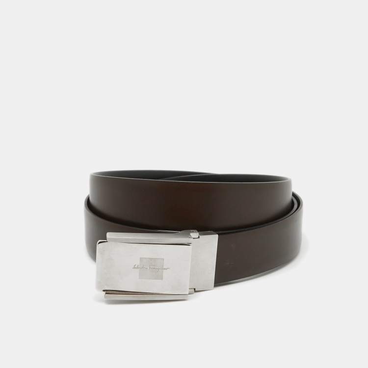 Pre Owned Salvatore Ferragamo Black/Dark Brown Leather Cut to Size Buckle Belt