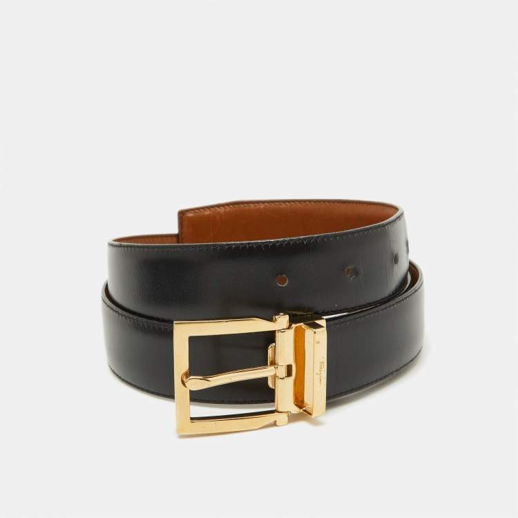 Pre Owned Salvatore Ferragamo Black/Tan Leather Cut to Size Buckle Belt