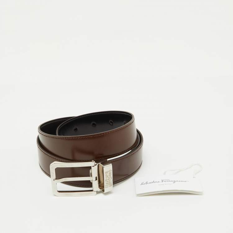 Pre Owned Salvatore Ferragamo Black/Dark Brown Leather Cut to Size Buckle Belt
