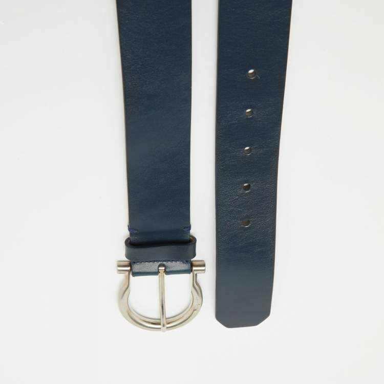 Pre Owned Salvatore Ferragamo Dark Blue Leather Gancio Buckle Belt 85CM