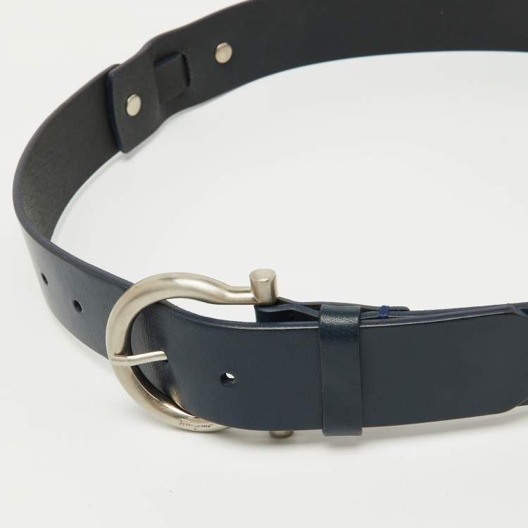Pre Owned Salvatore Ferragamo Dark Blue Leather Gancio Buckle Belt 85CM