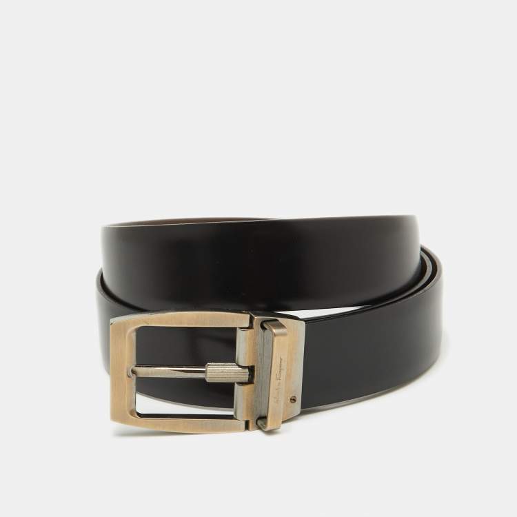 Pre Owned Salvatore Ferragamo Dark Brown/Black Leather Cut to Size Buckle Belt