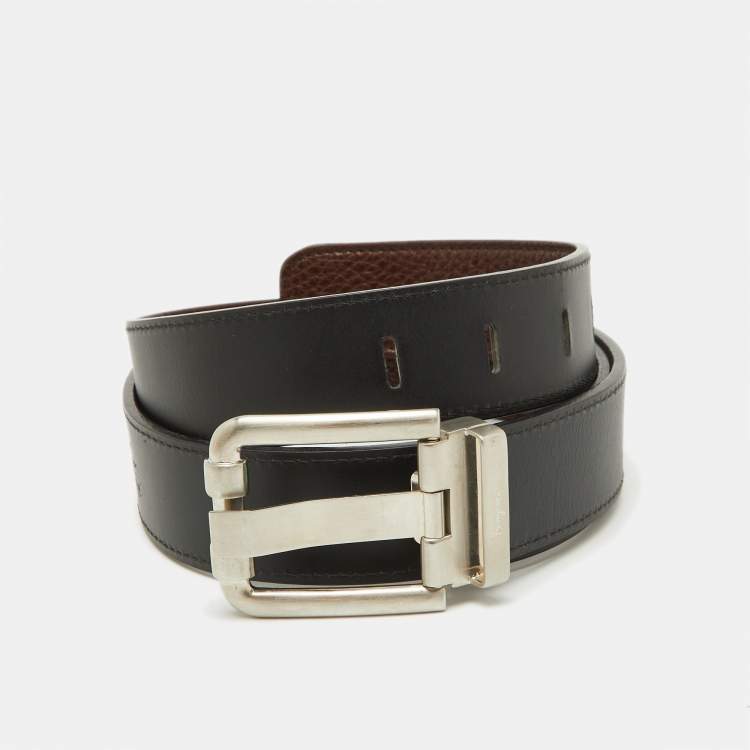 Pre Owned Salvatore Ferragamo Dark Brown/Black Leather Cut to Size Buckle Belt