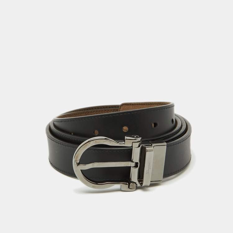 Pre Owned Salvatore Ferragamo Brown/Black Nubuck Leather Cut to Size Reversible Gancini Buckle Belt