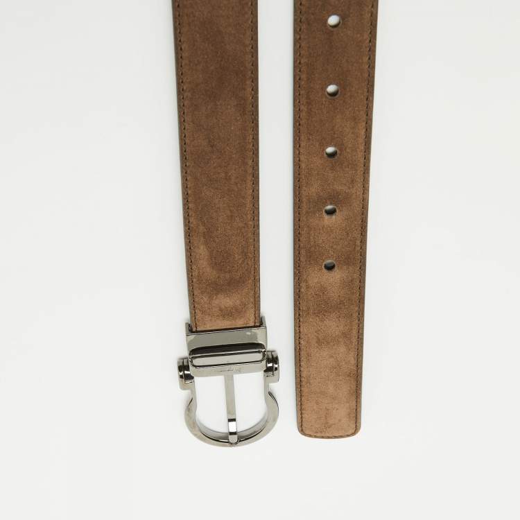 Pre Owned Salvatore Ferragamo Brown/Black Nubuck Leather Cut to Size Reversible Gancini Buckle Belt