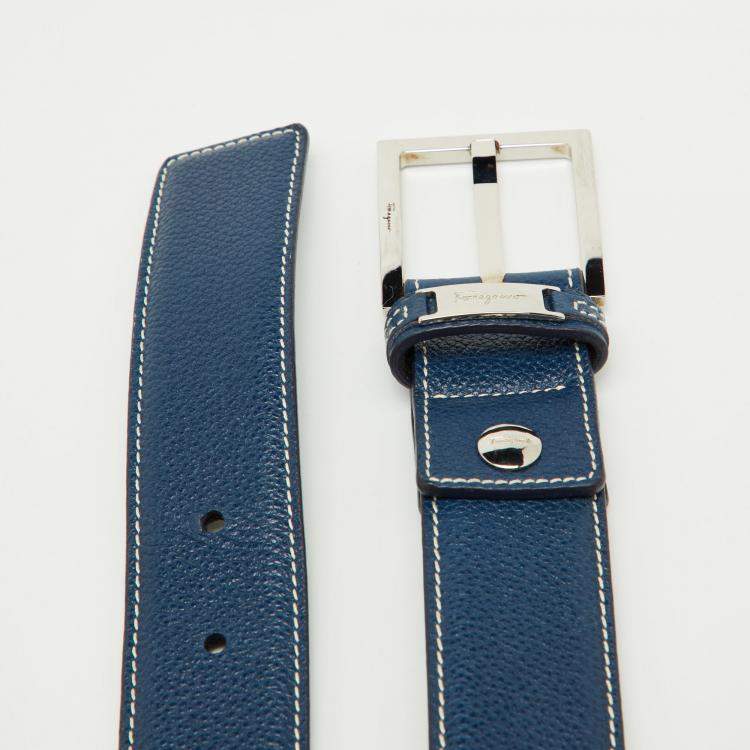 Pre Owned Salvatore Ferragamo Dark Blue Leather Buckle Belt 90CM