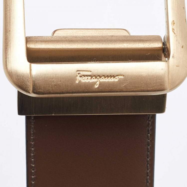 Pre Owned Salvatore Ferragamo Black/Tan Leather Cut to Size Reversible Buckle Belt
