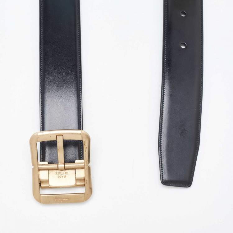 Pre Owned Salvatore Ferragamo Black/Tan Leather Cut to Size Reversible Buckle Belt
