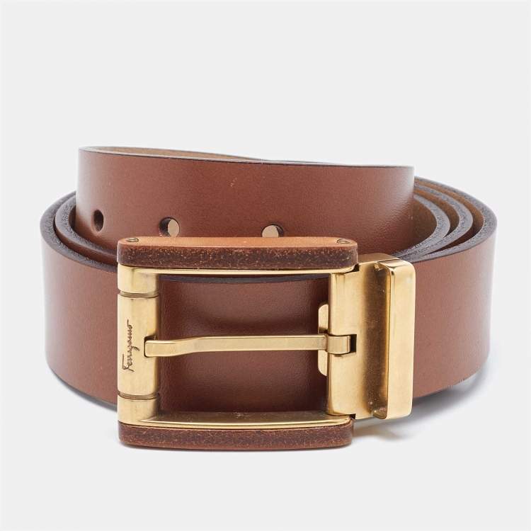 Pre Owned Salvatore Ferragamo Brown Leather Cut to Size Reversible Buckle Belt