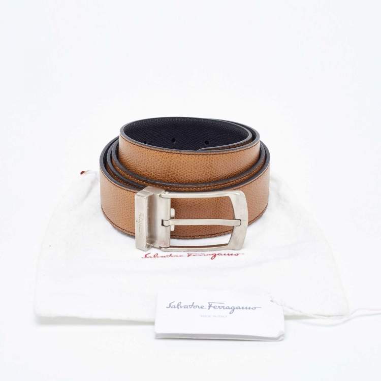 Pre Owned Salvatore Ferragamo Tan/Black Leather Cut to Size Reversible Buckle Belt