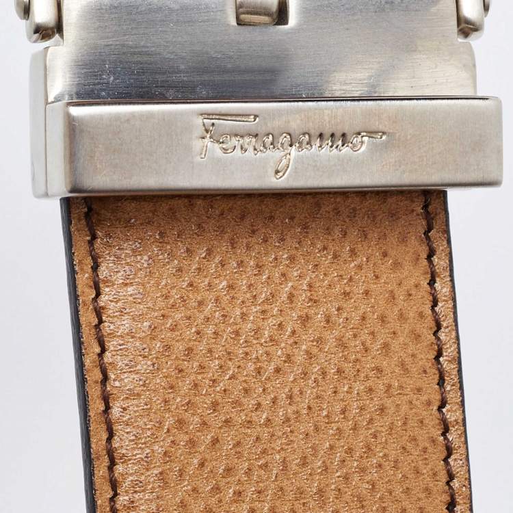 Pre Owned Salvatore Ferragamo Tan/Black Leather Cut to Size Reversible Buckle Belt