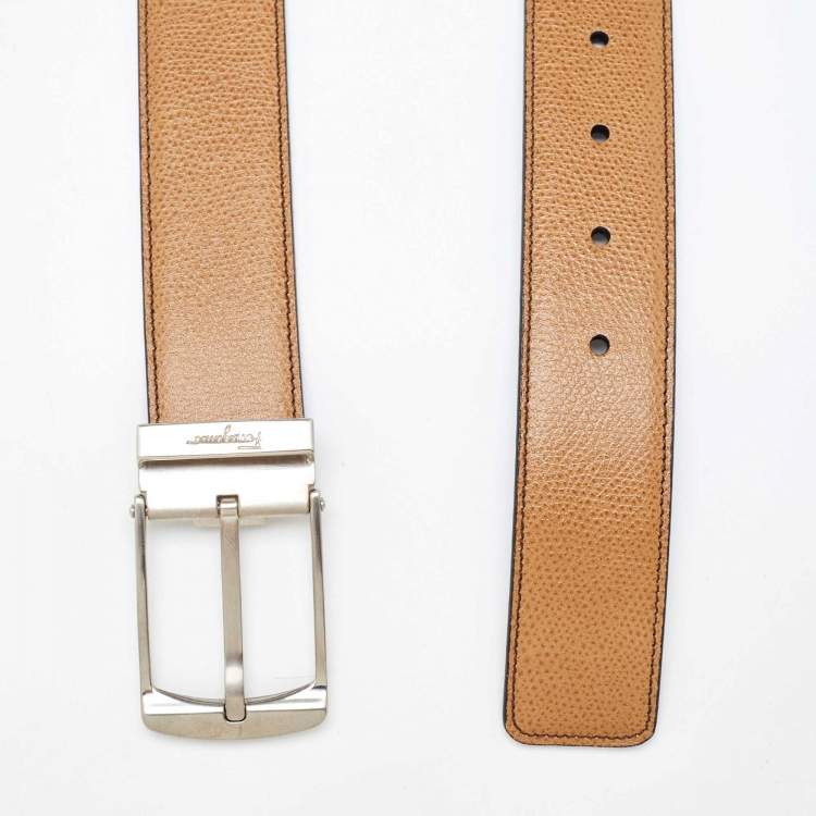 Pre Owned Salvatore Ferragamo Tan/Black Leather Cut to Size Reversible Buckle Belt