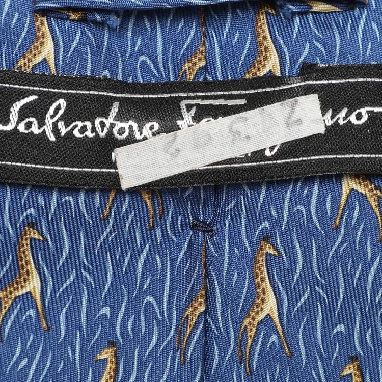 Pre Owned Salvatore Ferragamo Blue Giraffe Print Silk Tie