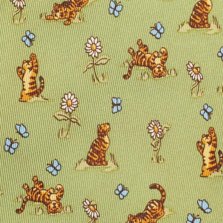Pre Owned Salvatore Ferragamo Green Animal Print Silk Tie