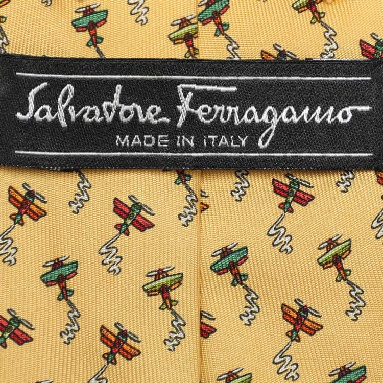 Pre Owned Salvatore Ferragamo Yellow Petit Airplanes Silk Tie