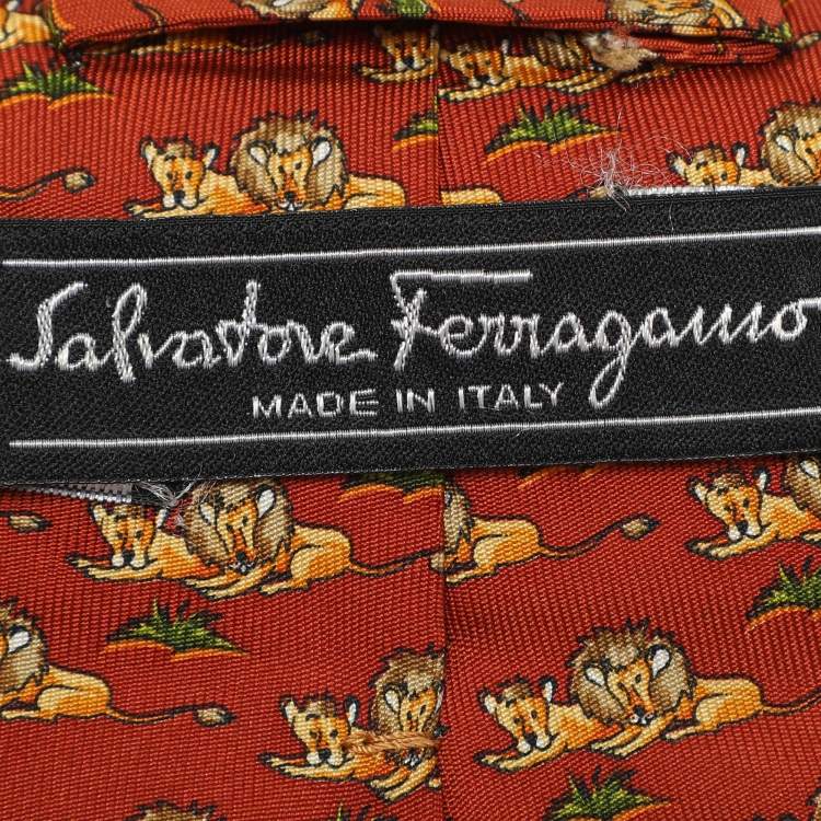 Pre Owned Salvatore Ferragamo Orange/Yellow Lion Print Motif Silk Tie