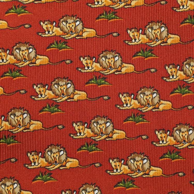 Pre Owned Salvatore Ferragamo Orange/Yellow Lion Print Motif Silk Tie