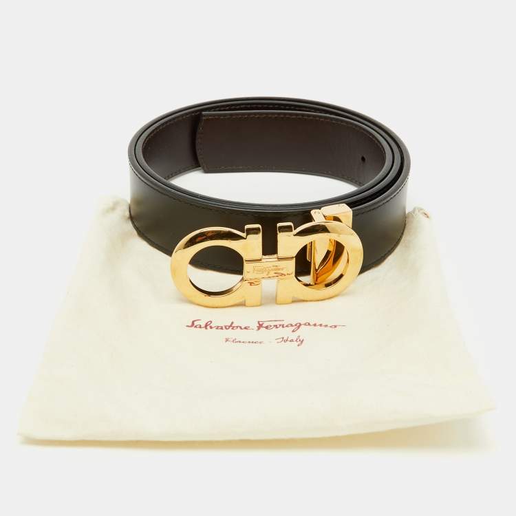 Pre Owned Salvatore Ferragamo Black/Dark Brown Leather Gancini Cut to Size Reversible Belt