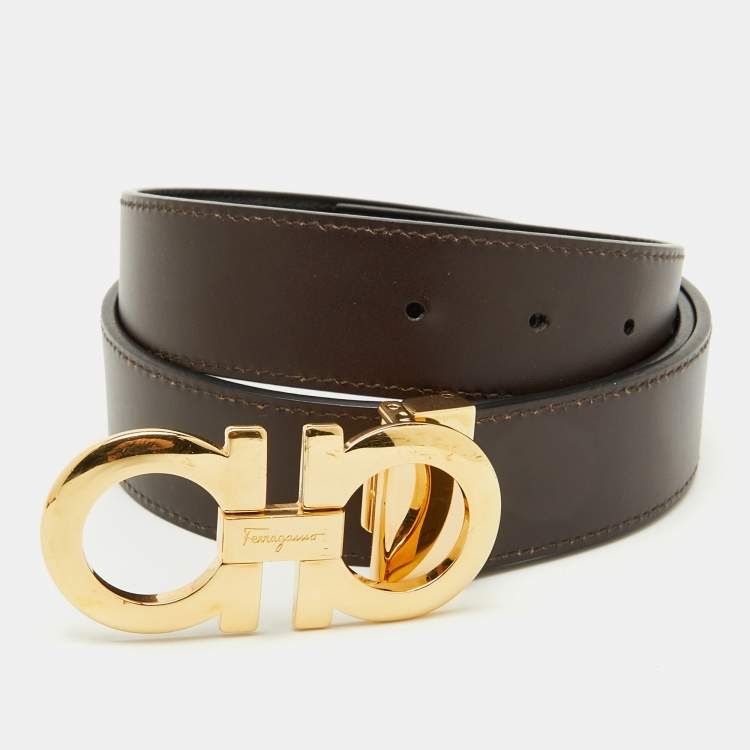 Pre Owned Salvatore Ferragamo Black/Dark Brown Leather Gancini Cut to Size Reversible Belt