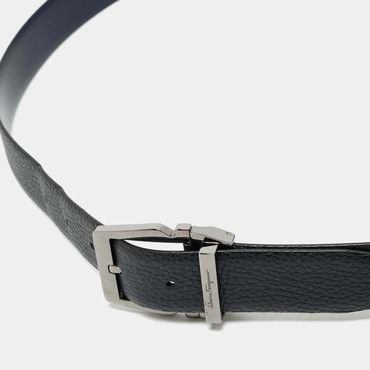 Pre Owned Salvatore Ferragamo Black/Navy Blue Leather Cut to Size Reversible Buckle Belt