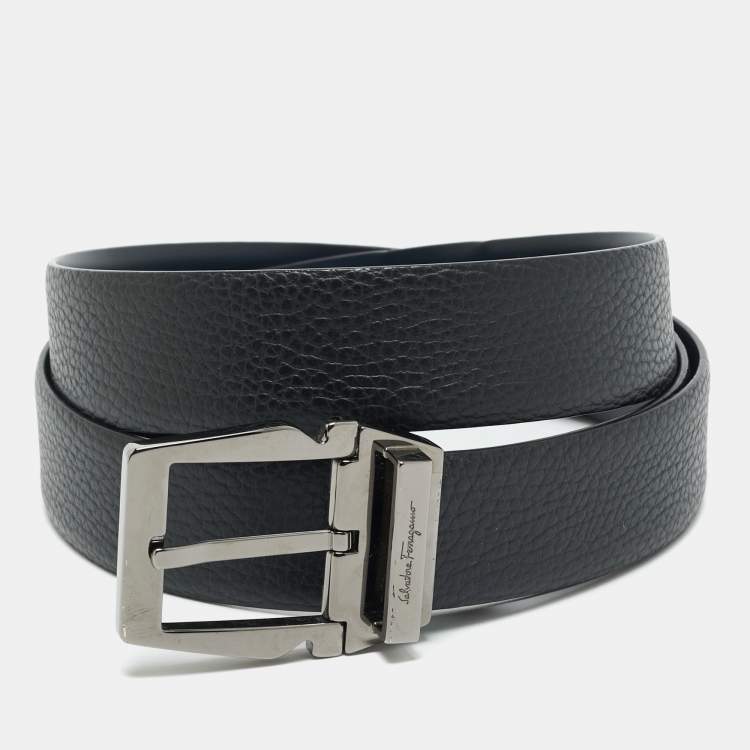 Pre Owned Salvatore Ferragamo Black/Navy Blue Leather Cut to Size Reversible Buckle Belt