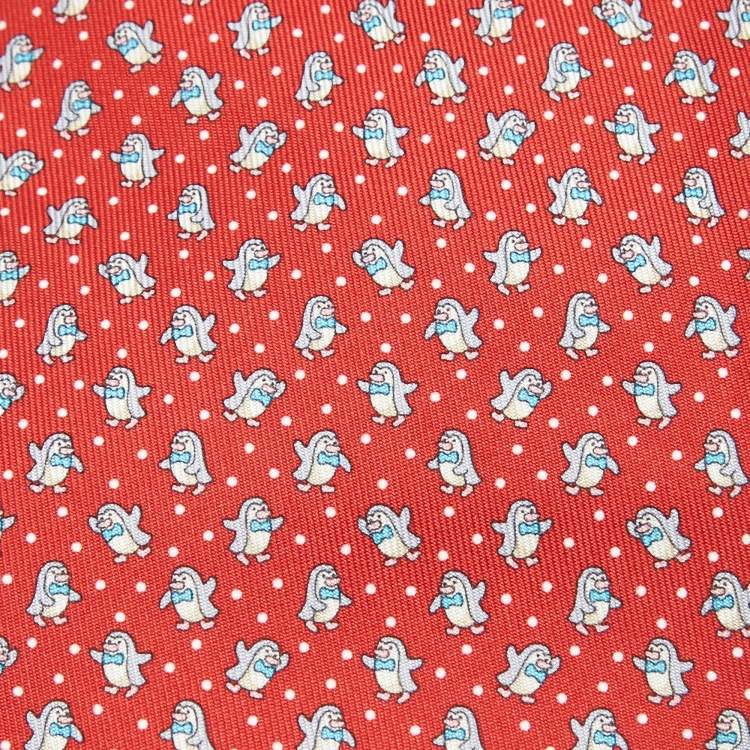 Pre Owned Salvatore Ferragamo Red Penguin Print Silk Tie 
