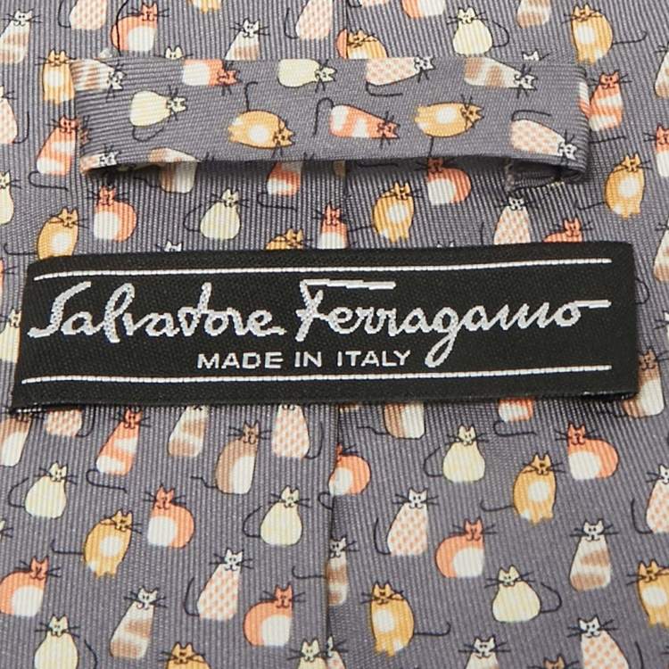 Pre Owned Salvatore Ferragamo Grey Mice Print Silk Tie
