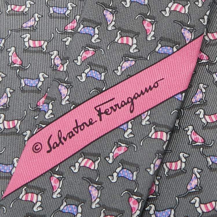 Pre Owned Salvatore Ferragamo Grey Dogs Print Silk Traditional Tie