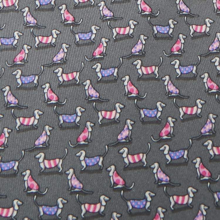 Pre Owned Salvatore Ferragamo Grey Dogs Print Silk Traditional Tie