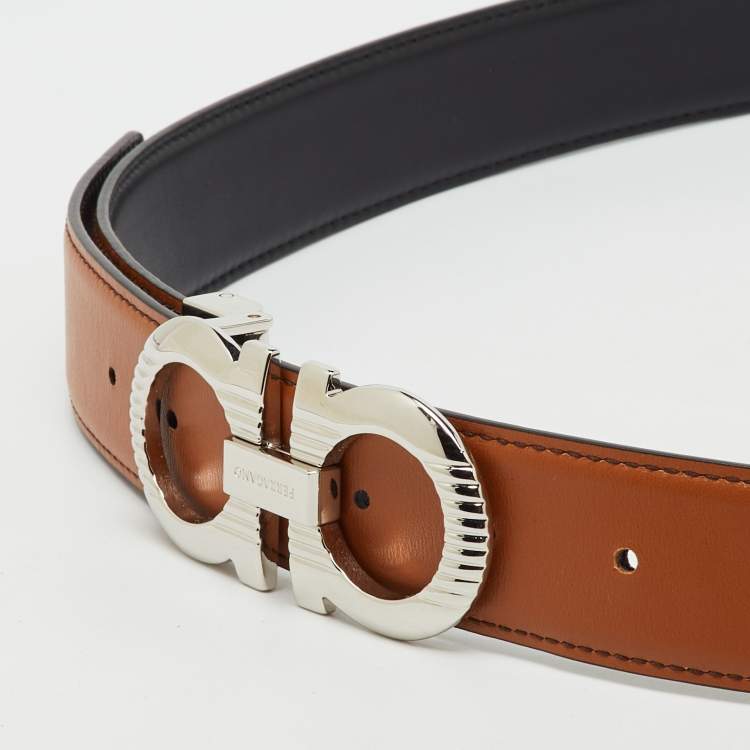 Pre Owned Salvatore Ferragamo Brown/Black Leather Gancini Buckle Reversible Cut to Size Belt