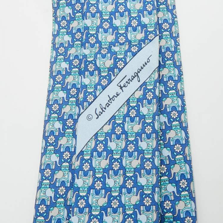 Pre Owned Salvatore Ferragamo Blue Elephant Print Silk Tie