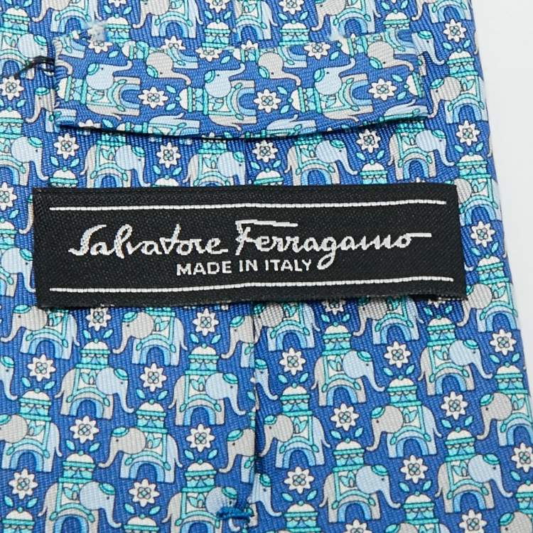 Pre Owned Salvatore Ferragamo Blue Elephant Print Silk Tie