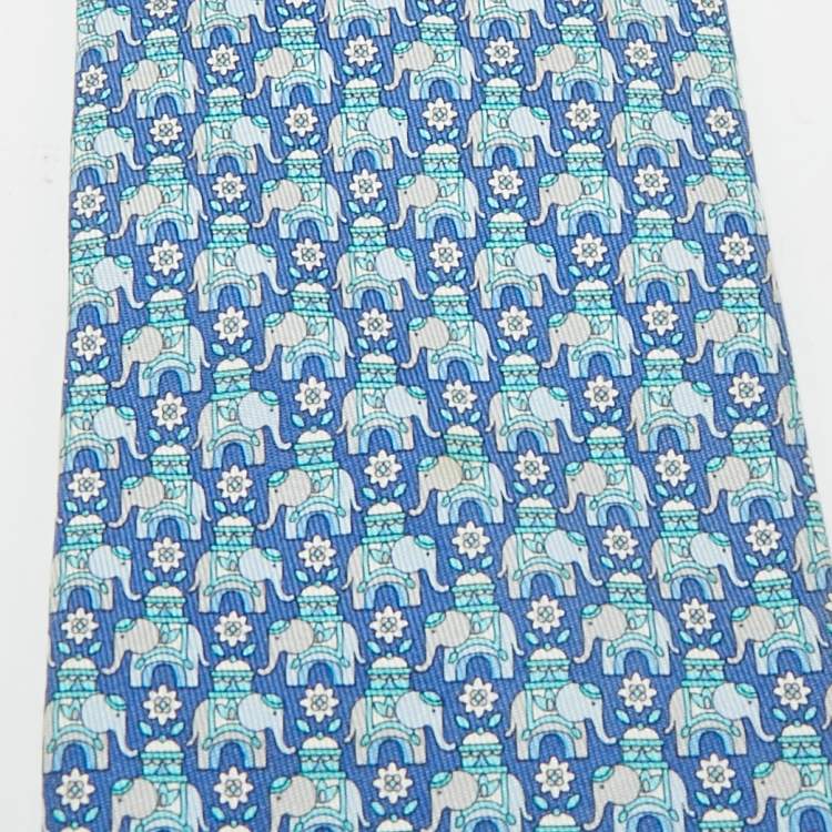 Pre Owned Salvatore Ferragamo Blue Elephant Print Silk Tie