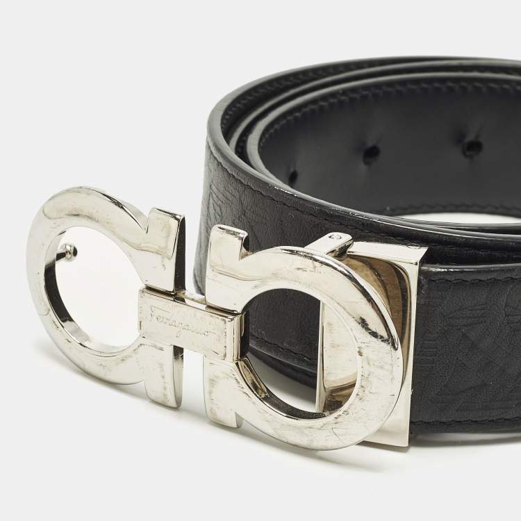 Pre Owned Salvatore Ferragamo Double Gancio Cut to Size Belt Black Embossed Leather