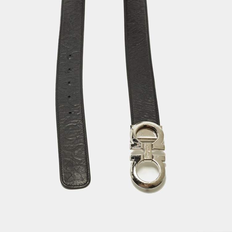 Pre Owned Salvatore Ferragamo Double Gancio Cut to Size Belt Black Embossed Leather