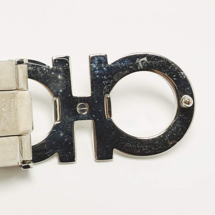 Pre Owned Salvatore Ferragamo Double Gancio Cut to Size Belt Black Embossed Leather