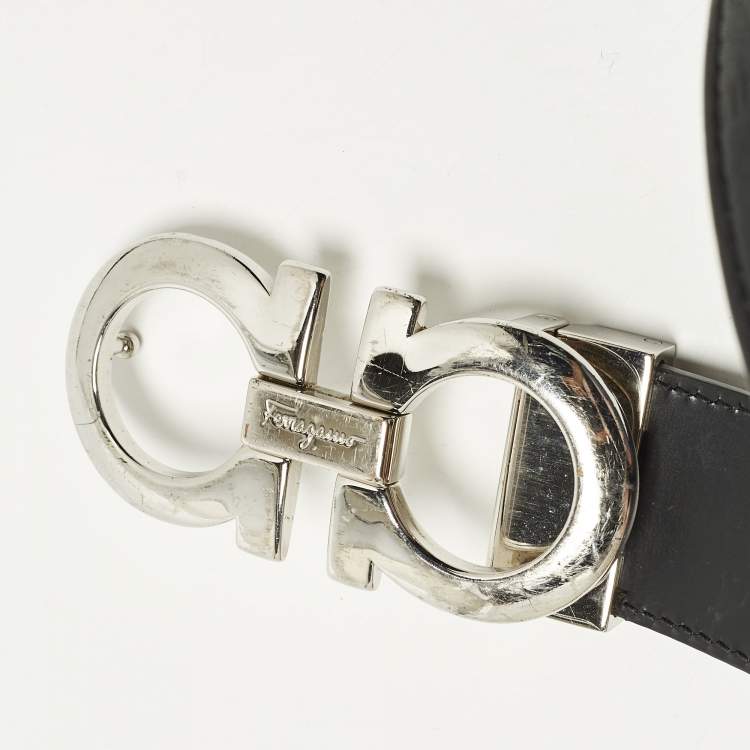 Pre Owned Salvatore Ferragamo Double Gancio Cut to Size Belt Black Embossed Leather